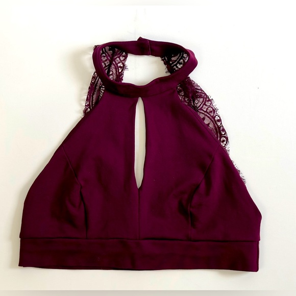 LULUS - Burgundy keyhole Front High Neck Choker Lace Panels Back Crop To… - Picture 6 of 10